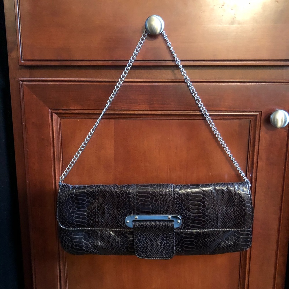 WHBM Brown Faux Snake Skin Clutch w/Chain